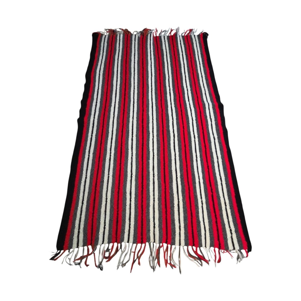 Handmade Crochet‎ Afghan Blanket Red Black White Grey Striped Fringe Throw 63×40